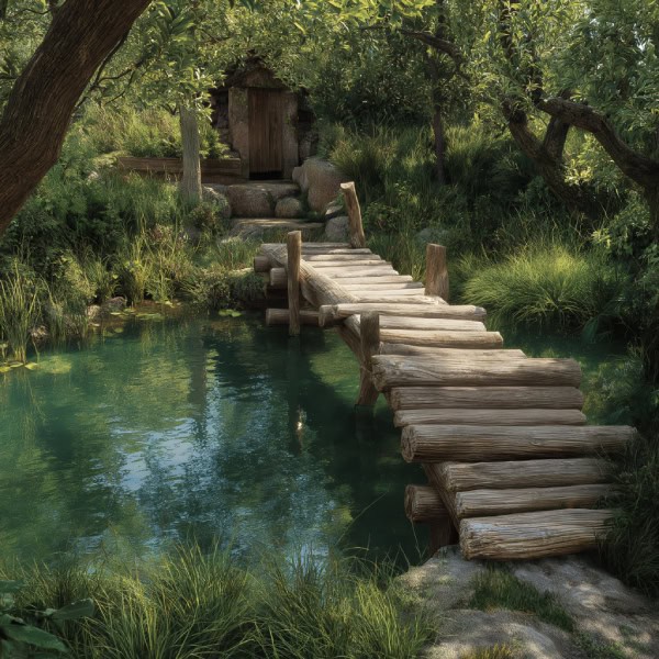 Rustic log pond bridge
