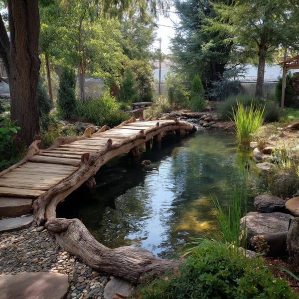 Handmade driftwood pond bridge