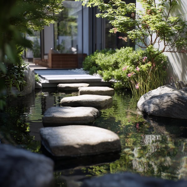 Zen pond with stepping stones