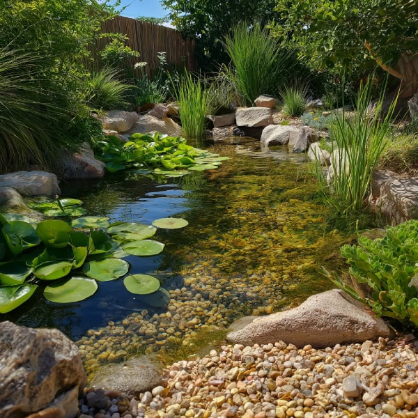 Backyard pond with aquatic plants