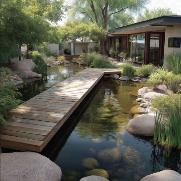 Wooden floating pond deck