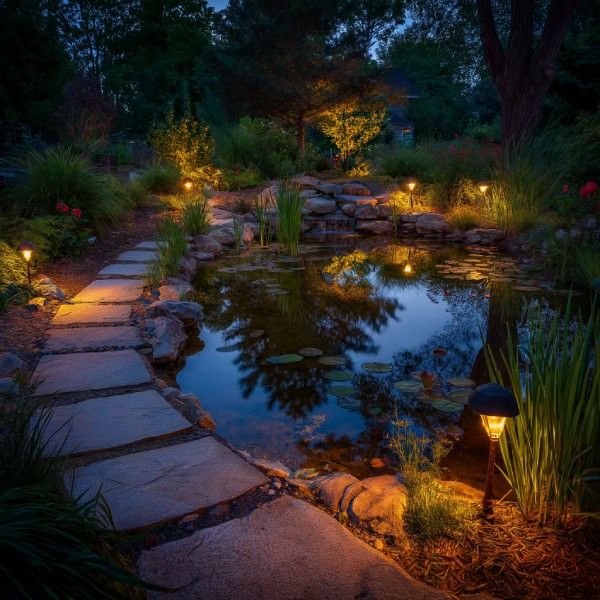 Backyard pond lit up at night