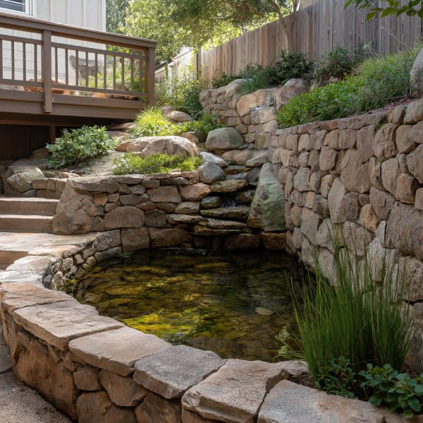 Raised pond with rock retaining wall
