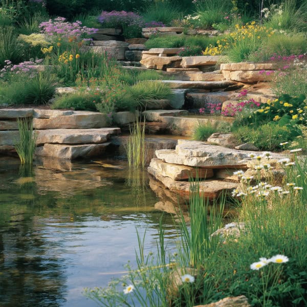 Pond with surrounding terraced rock garden