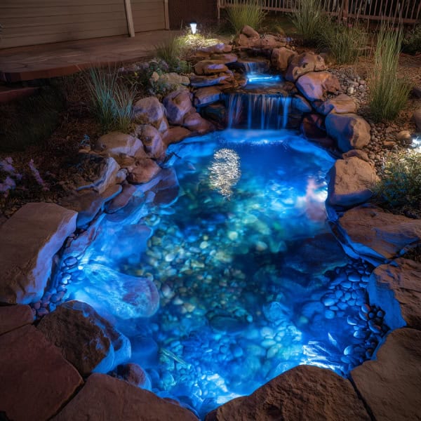 Backyard pond with underwater LED lighting