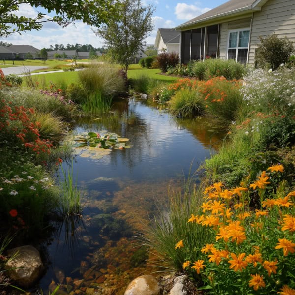 Front yard pond with bog plants along the edges