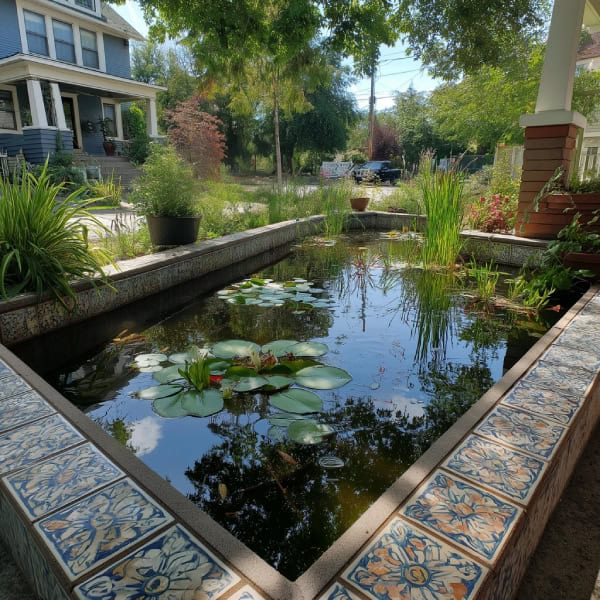 Front yard pond with decorative ceramic tiles