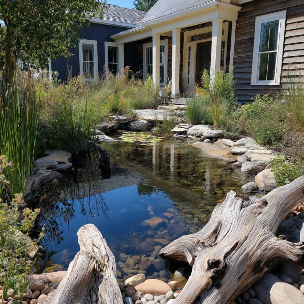 Front yard pond with driftwood