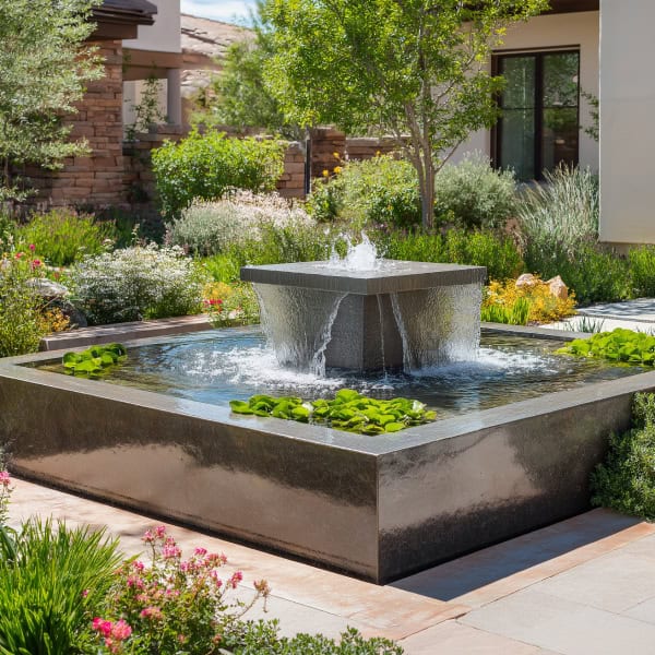 Front yard pond with fountain