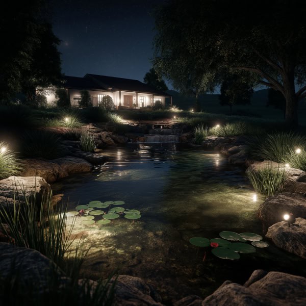 Front yard pond with soft LED lighting