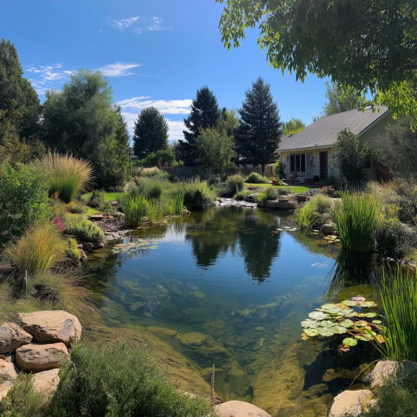 Natural swimming pond in front yard