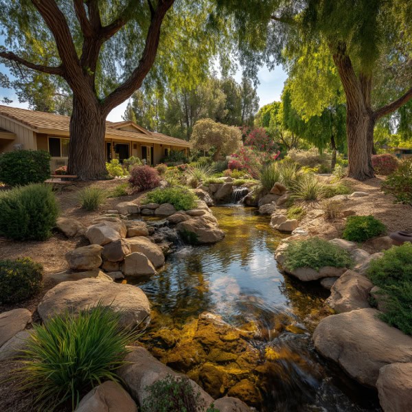 Front yard pond with rock garden