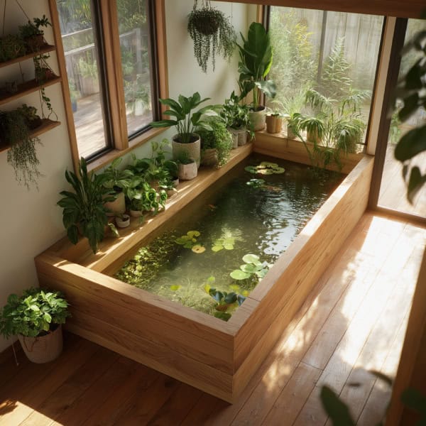 Raised wooden indoor pond