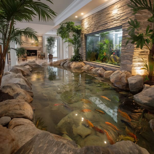 Indoor tropical fish pond with aquarium