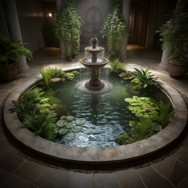 Indoor circular pond with water fountain