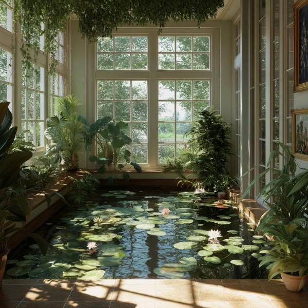Indoor pond with water lilies