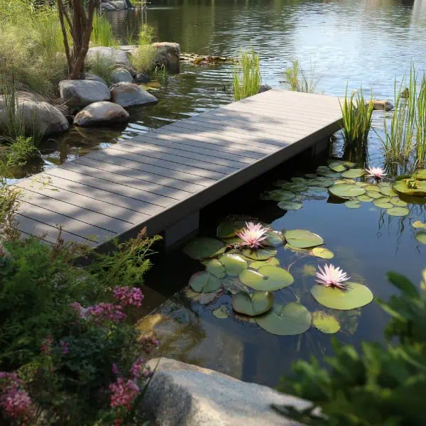 Composite pond dock decking with an aluminum frame
