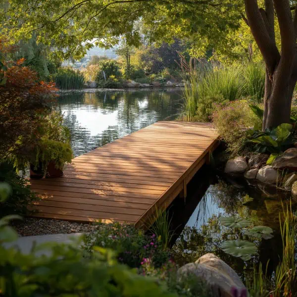 Pond dock decking made out of cedar planks