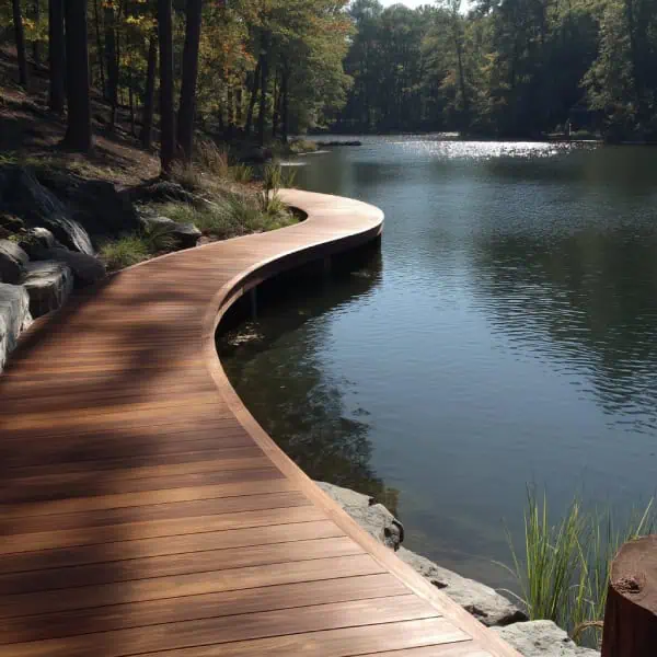 Curved pond dock decking made out of ipe wood
