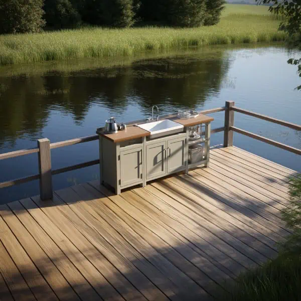 Pond dock decking with sink for cleaning fish