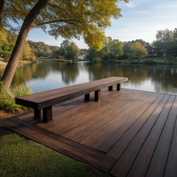 Pond dock decking with integrated benches