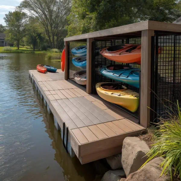 Pond dock decking with kayak storage racks