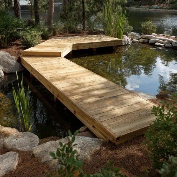 L-shaped pine pond dock decking