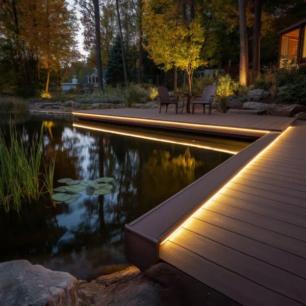 Pond dock decking with built-in LED lighting