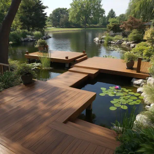 Multi-level bamboo pond dock decking