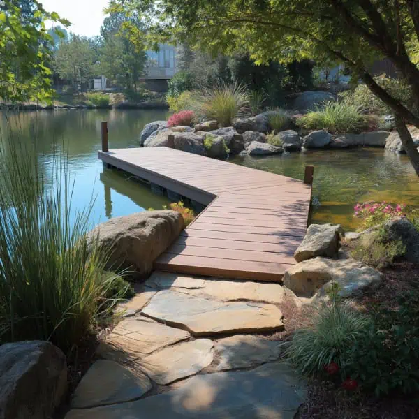 Pond dock decking with natural stone pathway