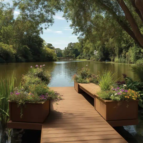 Pond dock decking with planter boxes