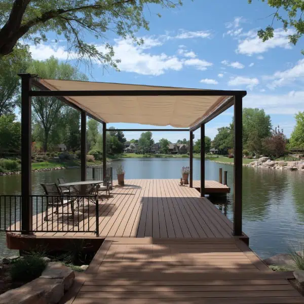 Pond dock decking with retractable canopy and seating