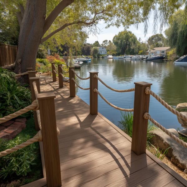Pond dock decking with rope railings
