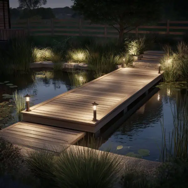 Pond dock decking with solar-powered lights