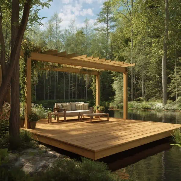 Pond dock decking with wooden pergola and seating